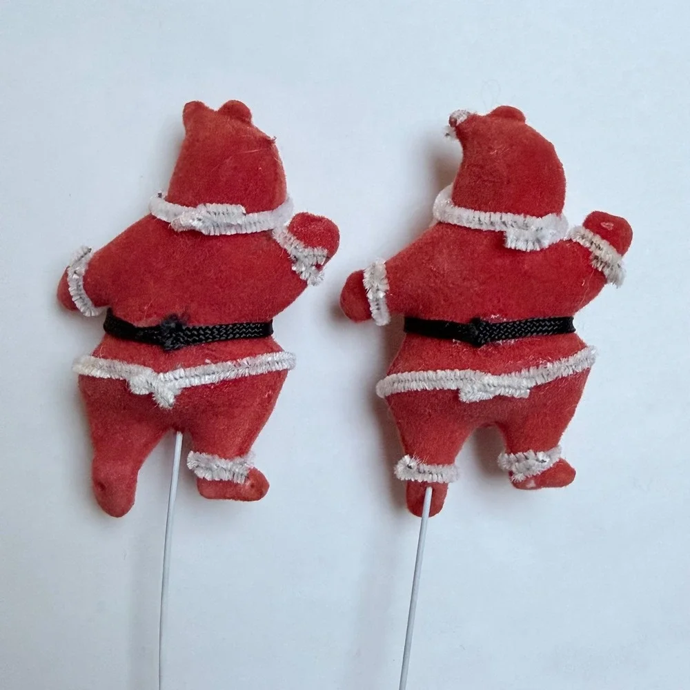 Vintage Flocked Santa Claus Floral Picks Red Tinsel Winking Face Set of 2 Retro